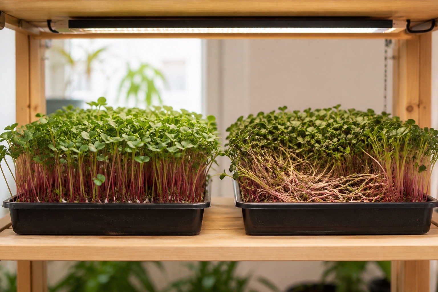 Healthy and overcrowded microgreen trays compared after using different seed density starting rates