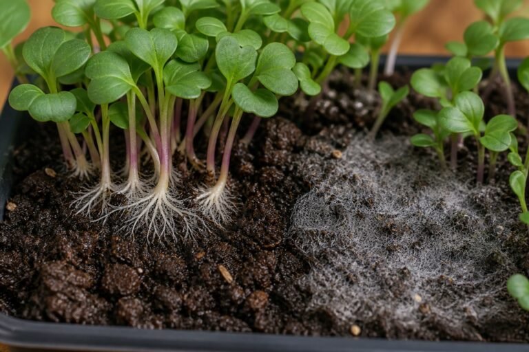 Microgreen mold vs root hairs shown as a separate gray surface patch and fine white hairs on roots