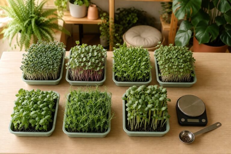 Microgreens seed density chart starting points shown with seven different home growing trays