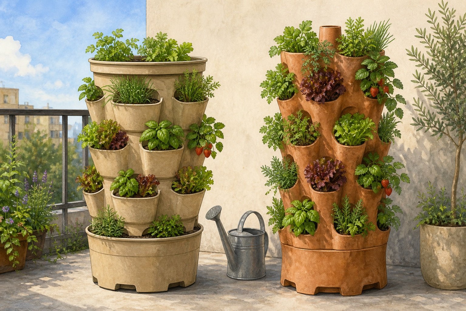 Conceptual illustration of modular and composting vertical planters side by side