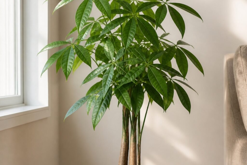 Money tree care profile showing a healthy Pachira aquatica in bright filtered light