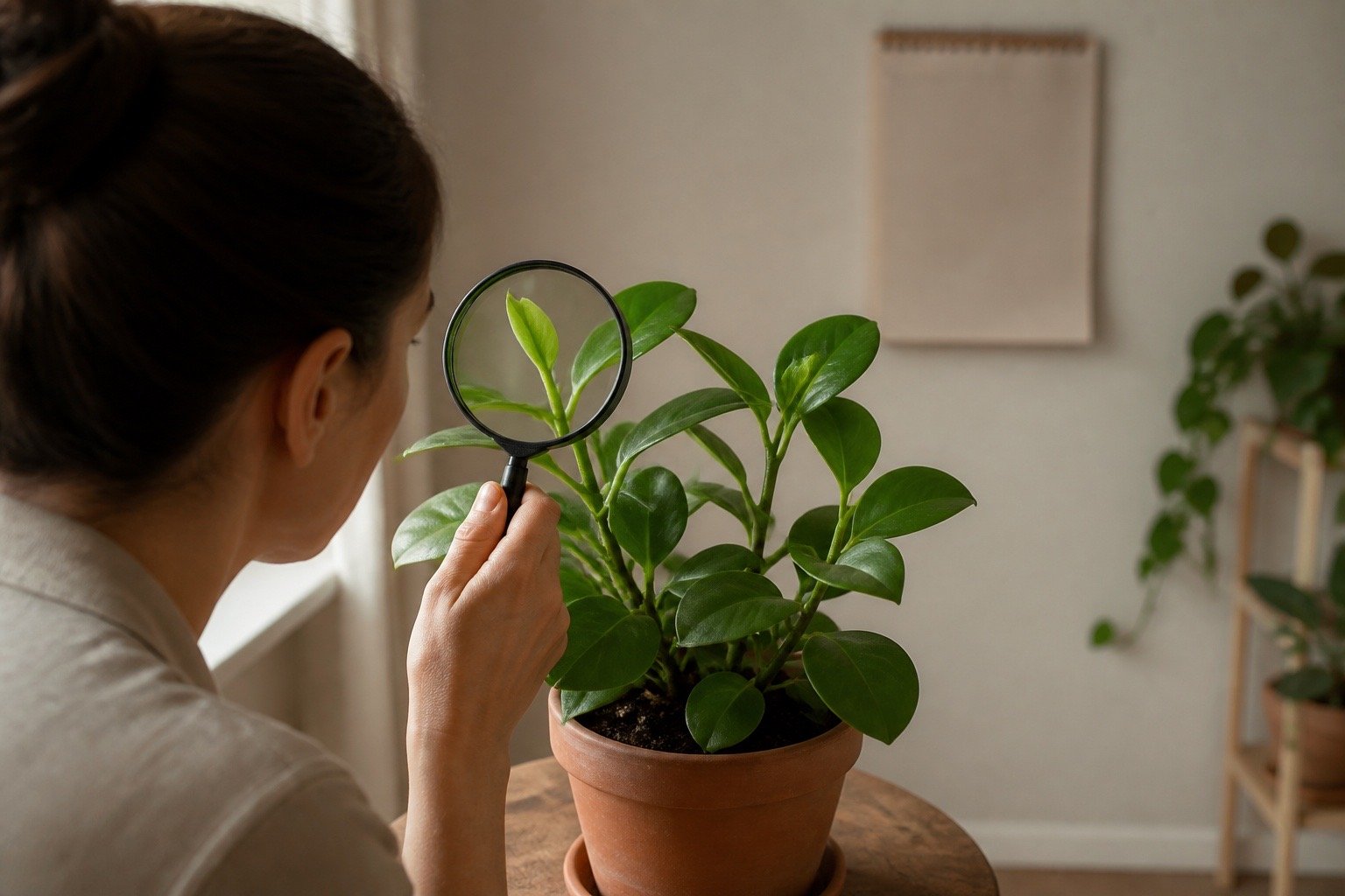 Monitoring clean new growth after treating scale on a houseplant