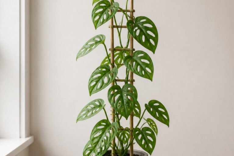 Monstera adansonii care profile showing a healthy vine with oval leaf fenestrations