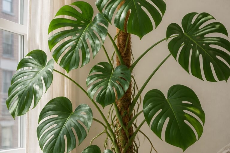 Monstera deliciosa care profile showing a healthy climbing plant with fenestrated leaves