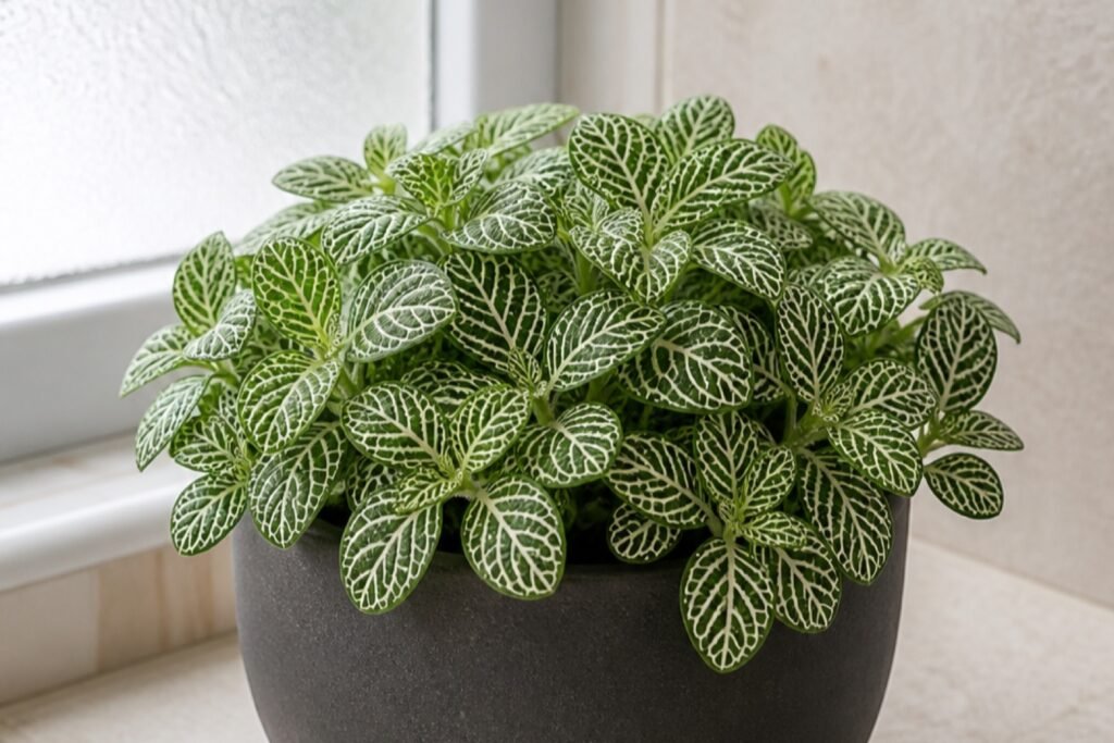 Nerve plant care profile showing a healthy Fittonia albivenis with white veins