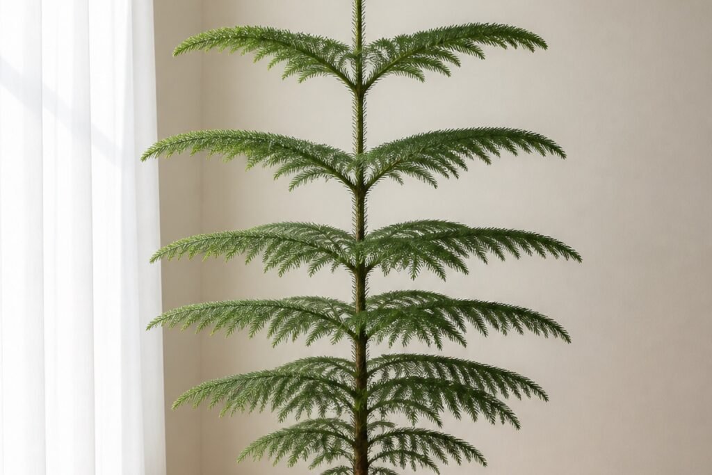 Norfolk Island pine care indoors profile showing balanced green branch tiers