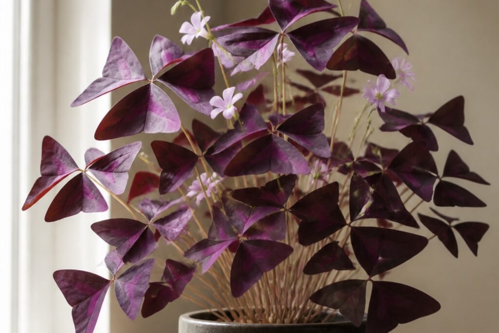 Oxalis triangularis care indoors profile showing open triangular purple shamrock leaves