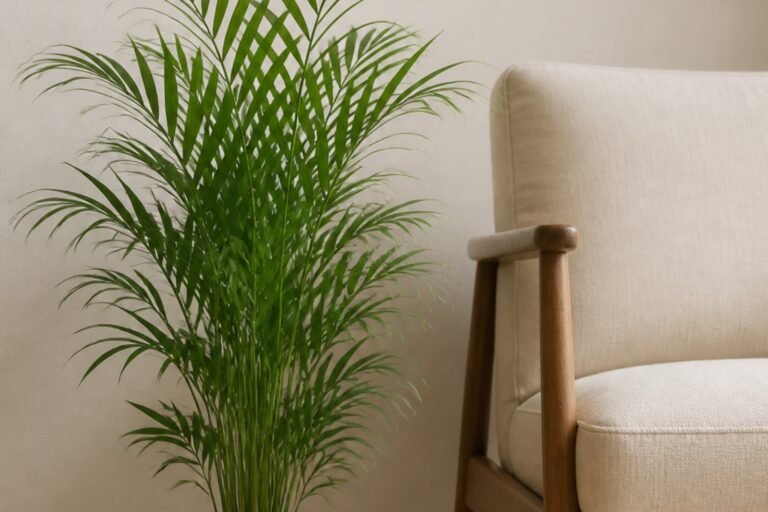 Parlor palm care profile showing a healthy Chamaedorea elegans in an indoor room