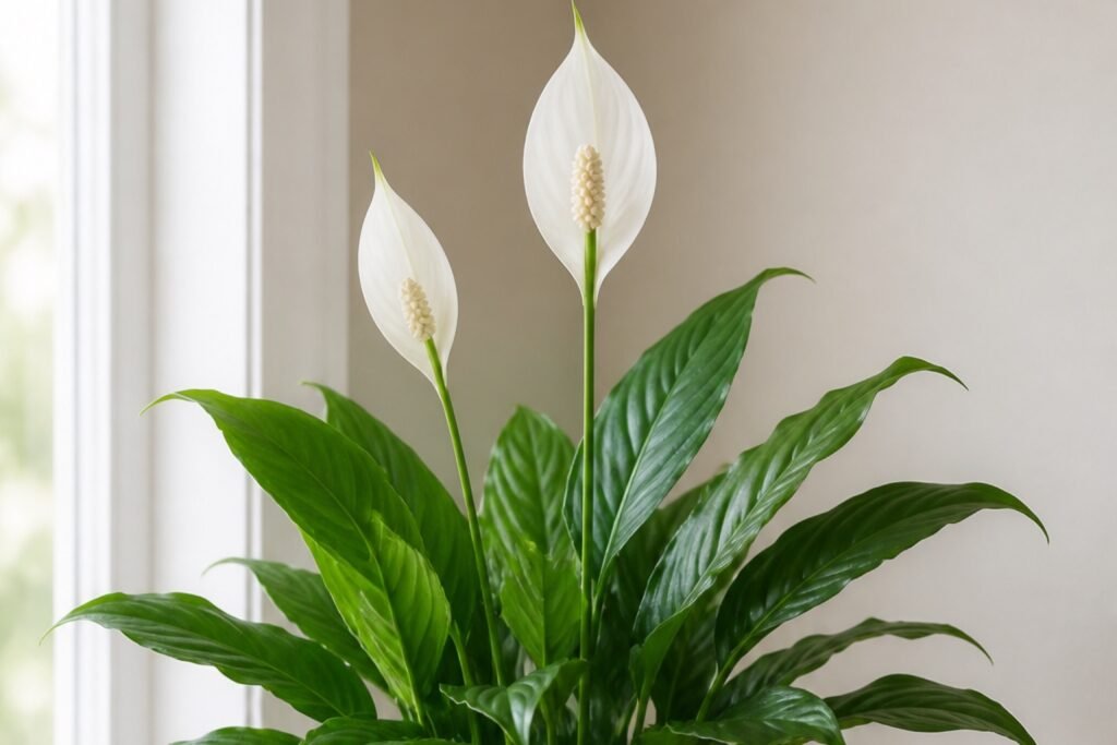 Peace lily care profile showing a healthy Spathiphyllum wallisii in filtered indoor light