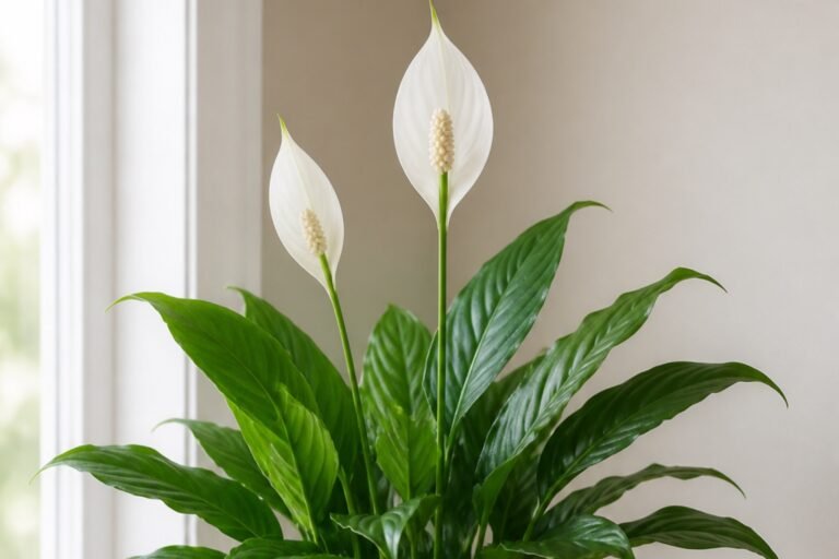 Peace lily care profile showing a healthy Spathiphyllum wallisii in filtered indoor light