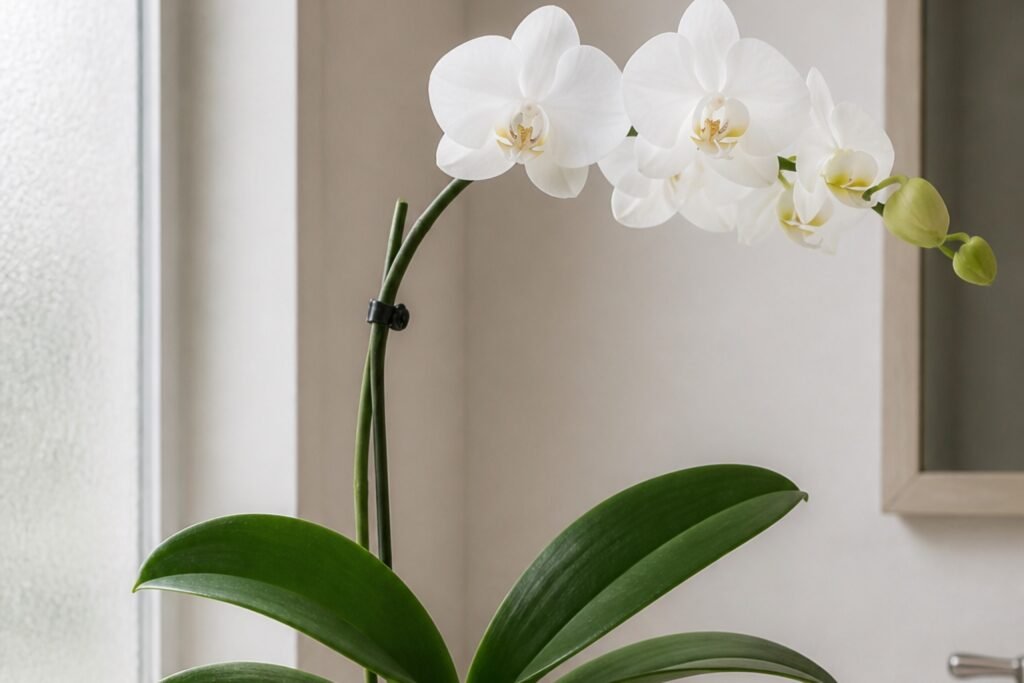 Phalaenopsis orchid care profile showing firm roots, broad leaves, and a healthy flower spike