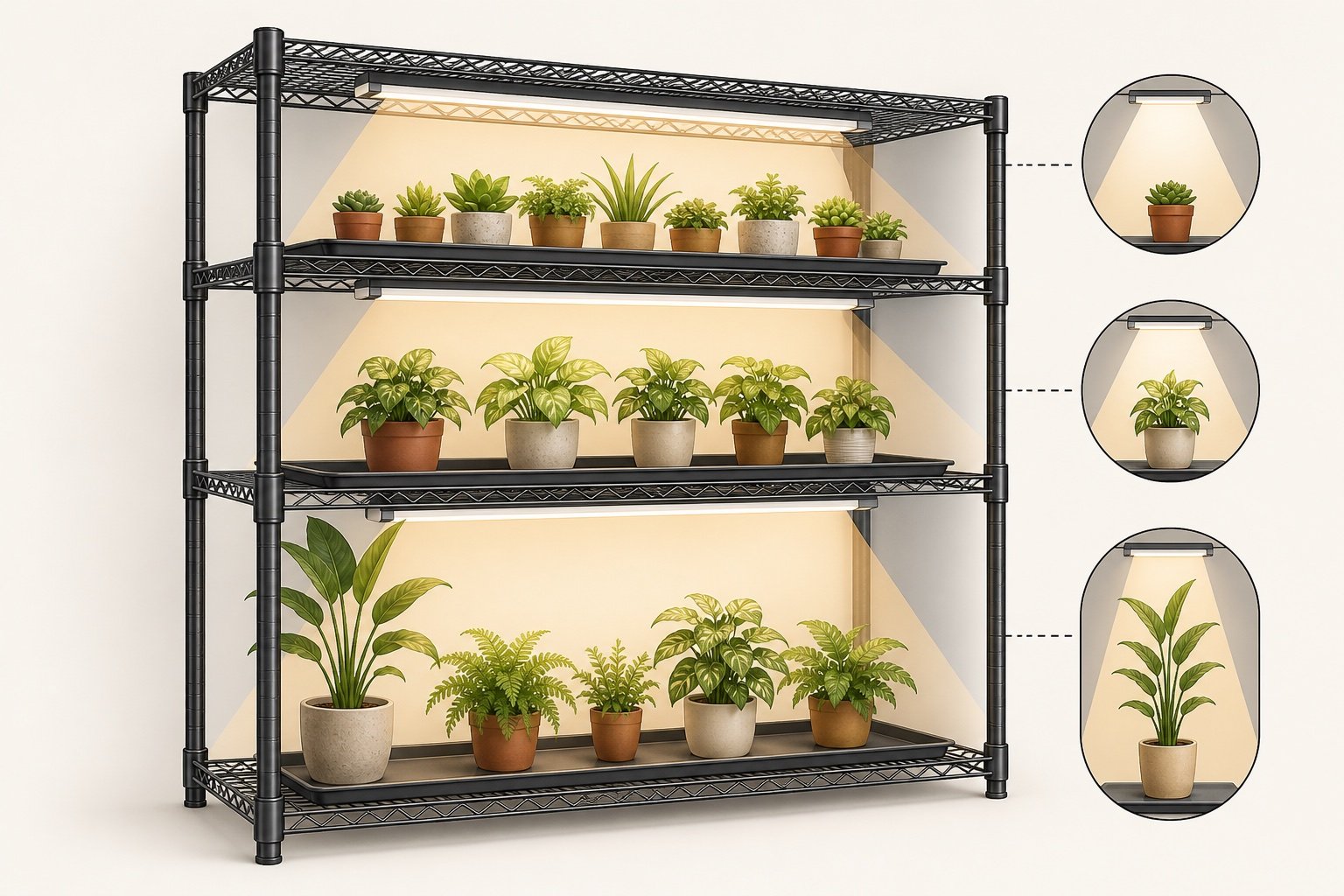 Diagram showing grow light coverage and plant clearance on a tiered shelf
