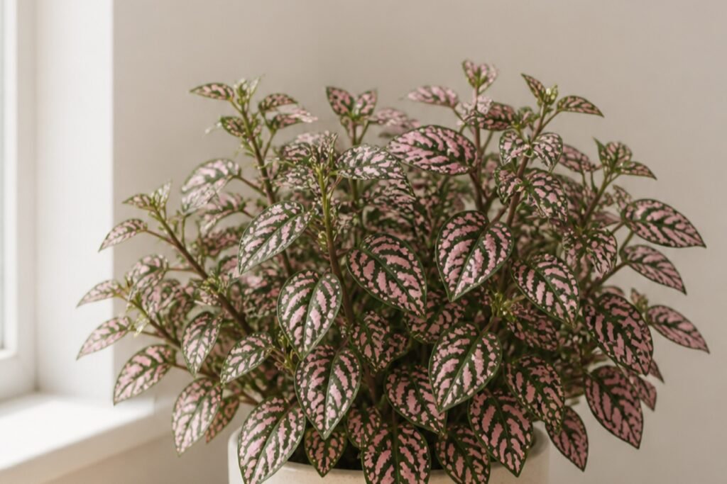Polka dot plant care profile showing pink-spotted Hypoestes phyllostachya