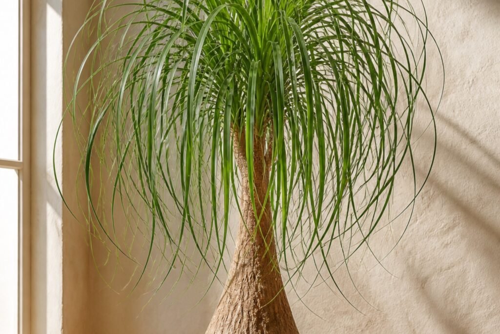 Ponytail palm care indoors profile showing a firm swollen caudex and recurved leaves