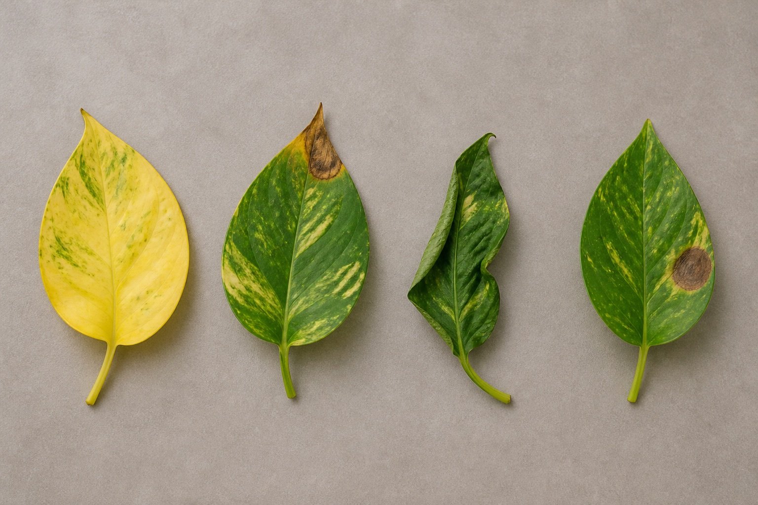 Four pothos leaves showing yellowing, a brown tip, wilting, and a dark spot