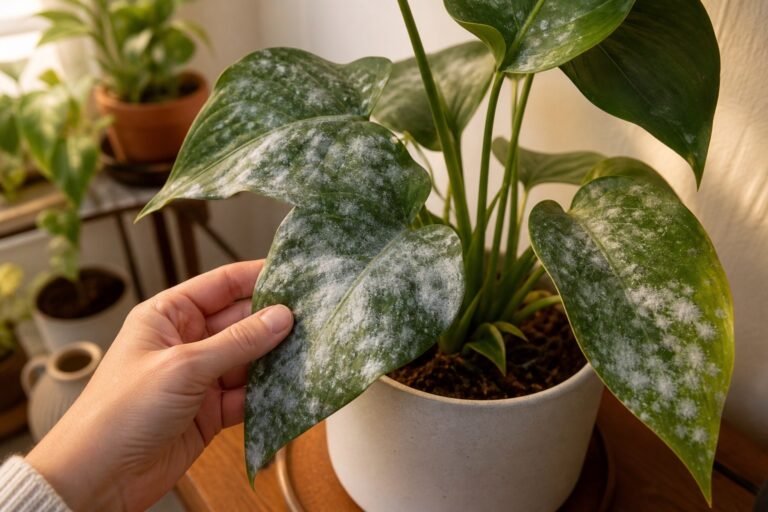 Powdery mildew on houseplants appearing as white gray patches on green leaves