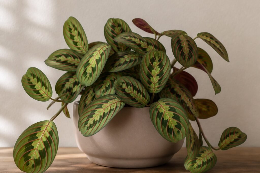 Prayer plant care profile showing a healthy Maranta leuconeura with patterned leaves