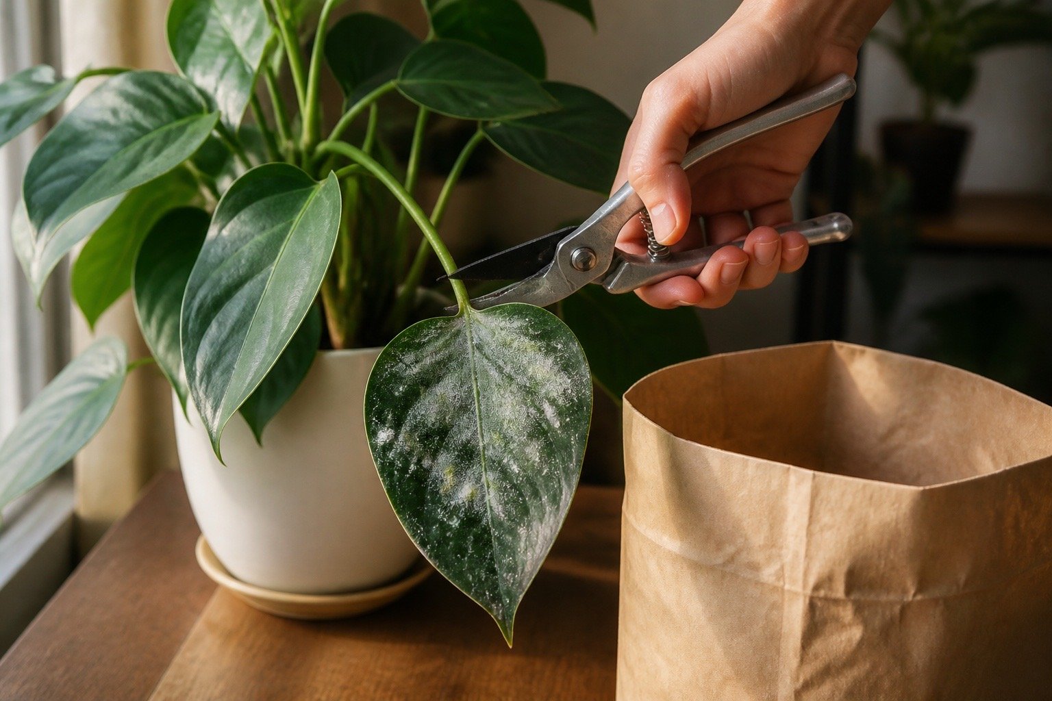 Pruning a leaf affected by powdery mildew from an isolated houseplant