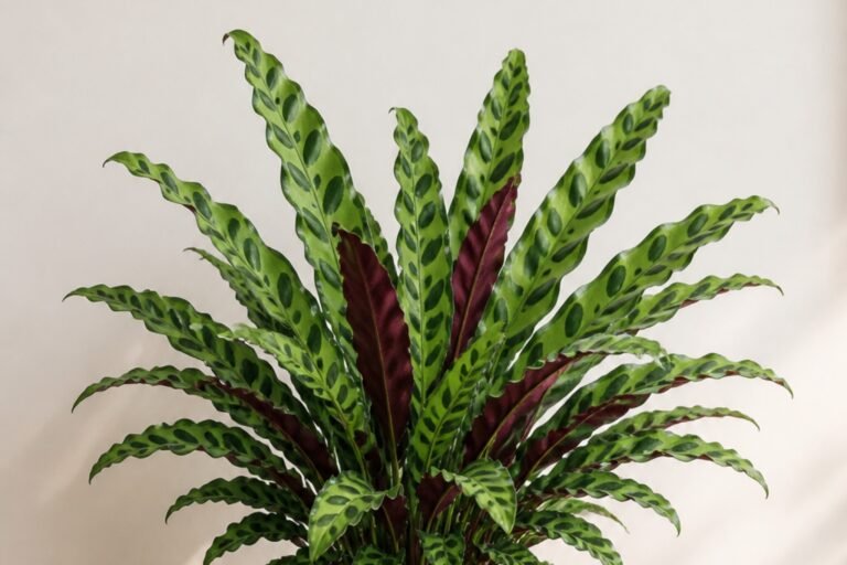Rattlesnake plant care profile showing healthy patterned Goeppertia insignis leaves