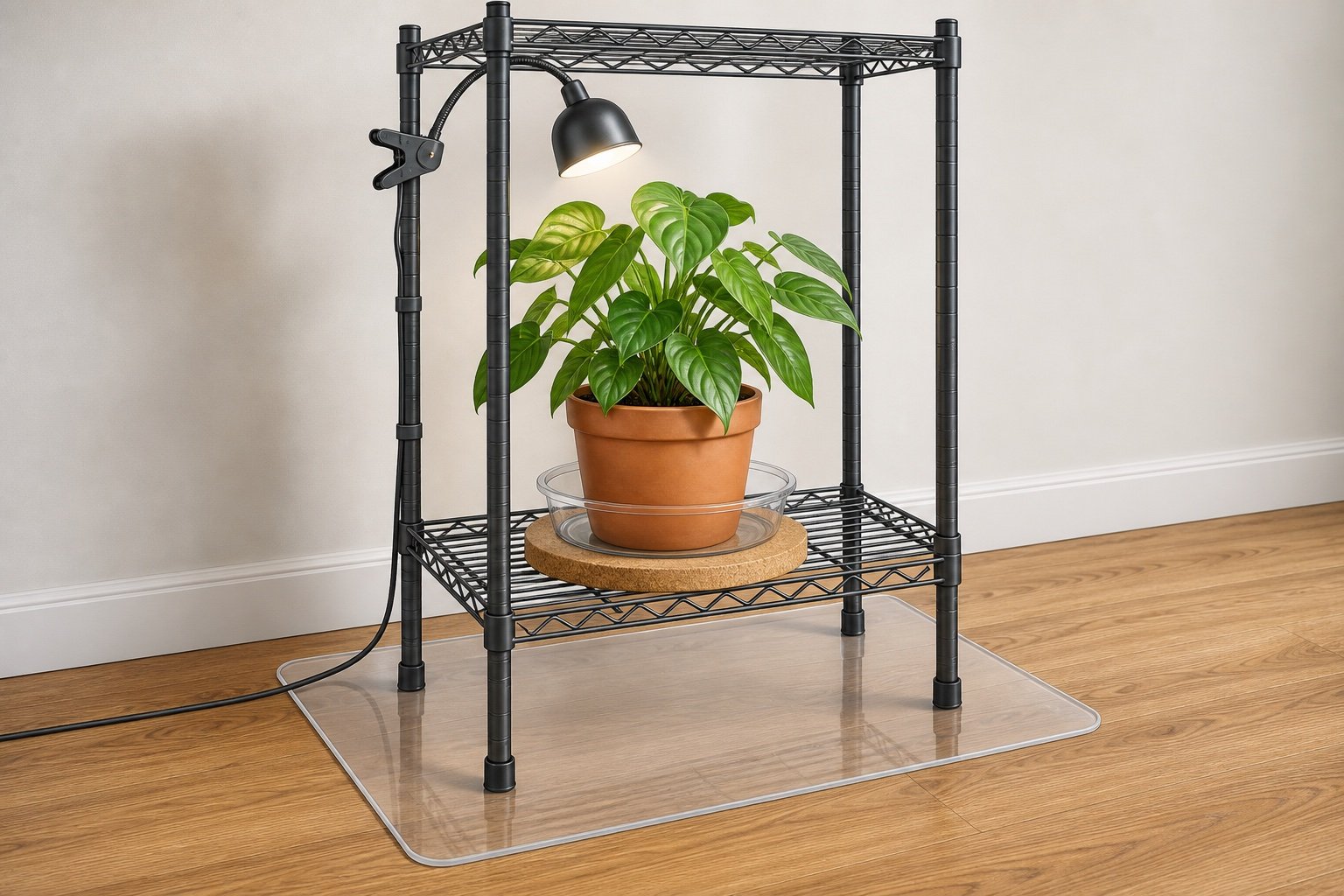 Plant pot on a saucer and cork riser above a clear floor protector beneath a freestanding shelf
