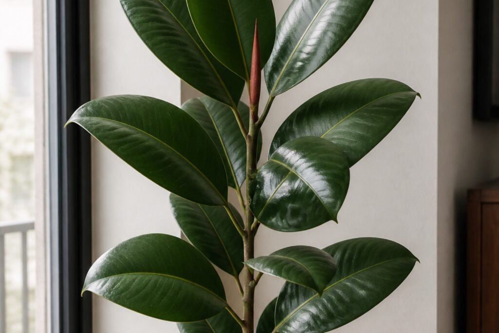 Rubber plant care profile showing a healthy Ficus elastica with glossy upright leaves