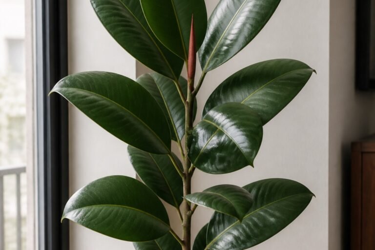 Rubber plant care profile showing a healthy Ficus elastica with glossy upright leaves
