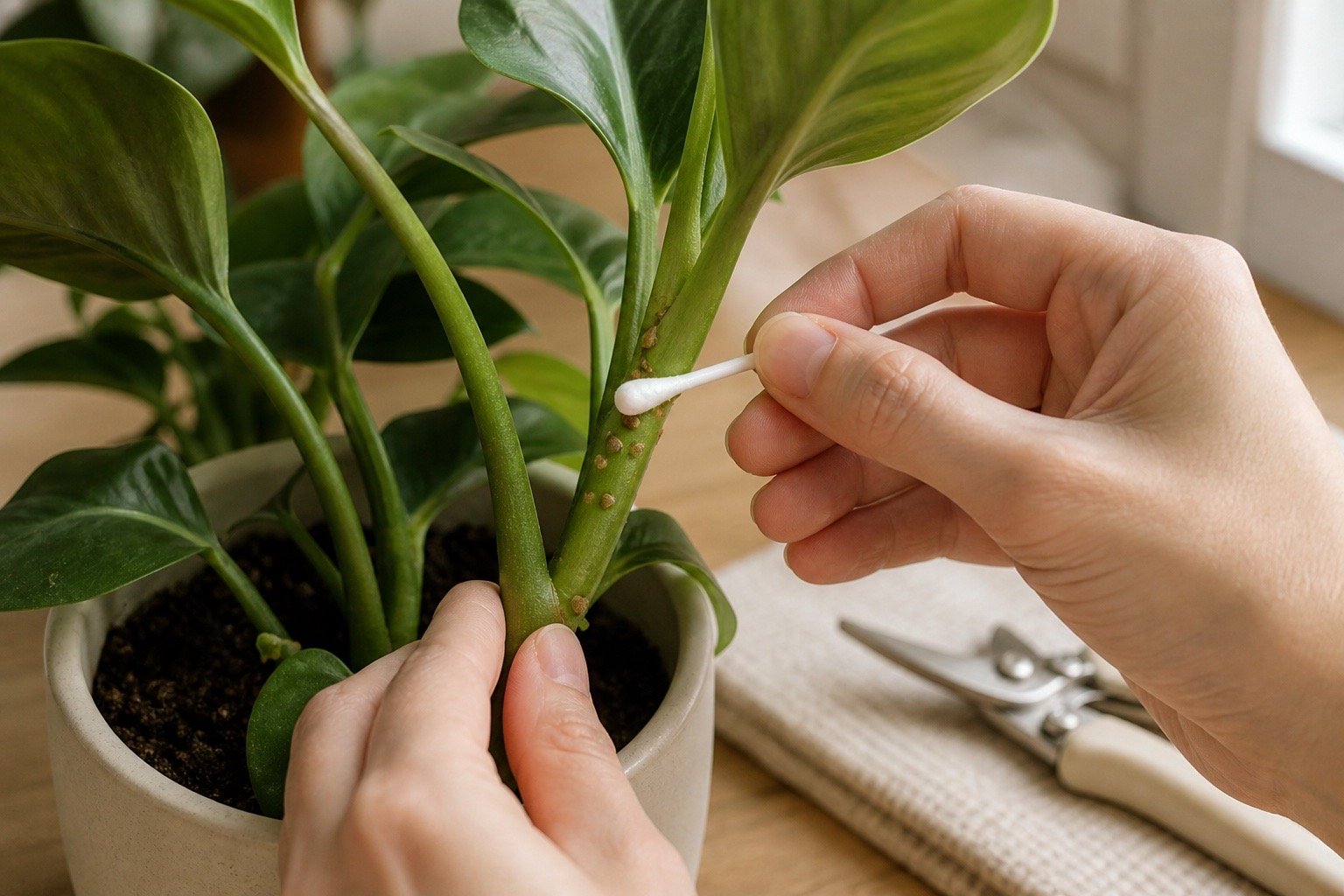 Manual removal of scale insects from a houseplant stem with a cotton swab