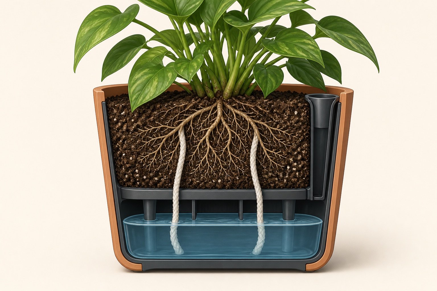 Cutaway illustration of a self-watering planter with soil, roots, wicks, and reservoir