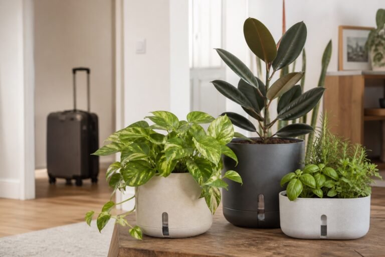 Unbranded self-watering planters with houseplants beside a packed suitcase