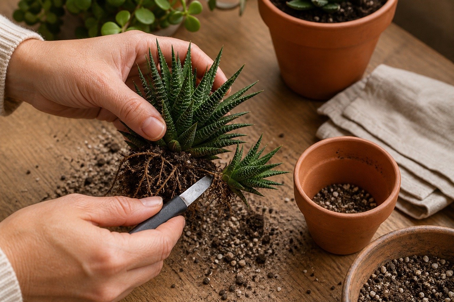 Separating a rooted succulent offset from its parent plant