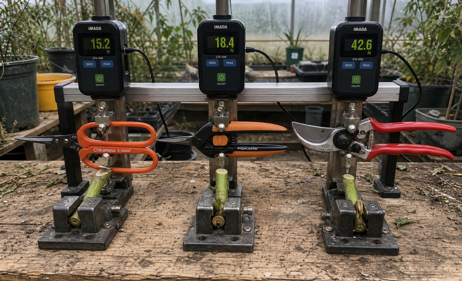 AI-generated simulated peak cutting force visualization using exact product references; displayed readings are modeled and not physical test results.