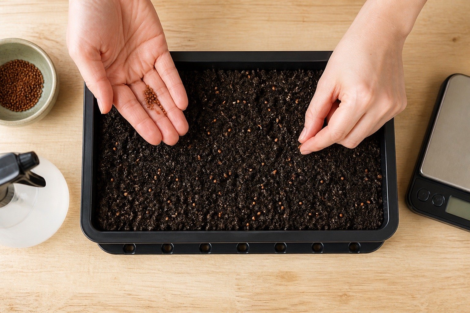 How to grow microgreens at home by spreading measured seed evenly over damp medium