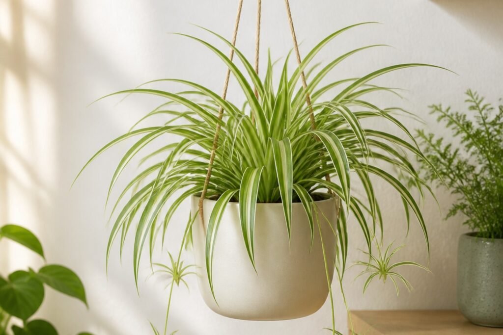 Spider plant care profile showing a healthy Chlorophytum comosum with plantlets