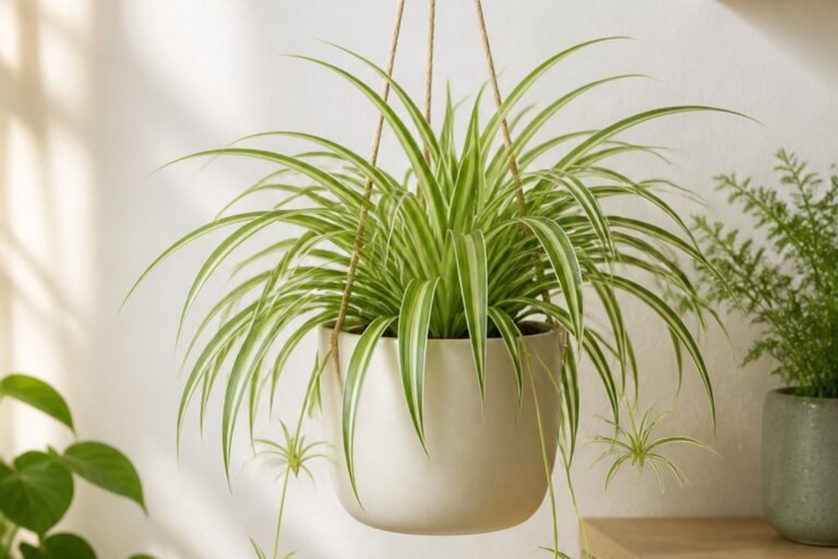 Spider plant care profile showing a healthy Chlorophytum comosum with plantlets