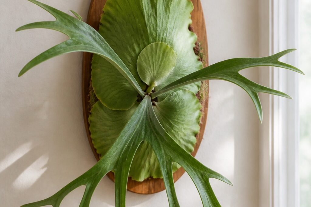 Staghorn fern care indoors profile showing mounted Platycerium bifurcatum shield and forked fronds
