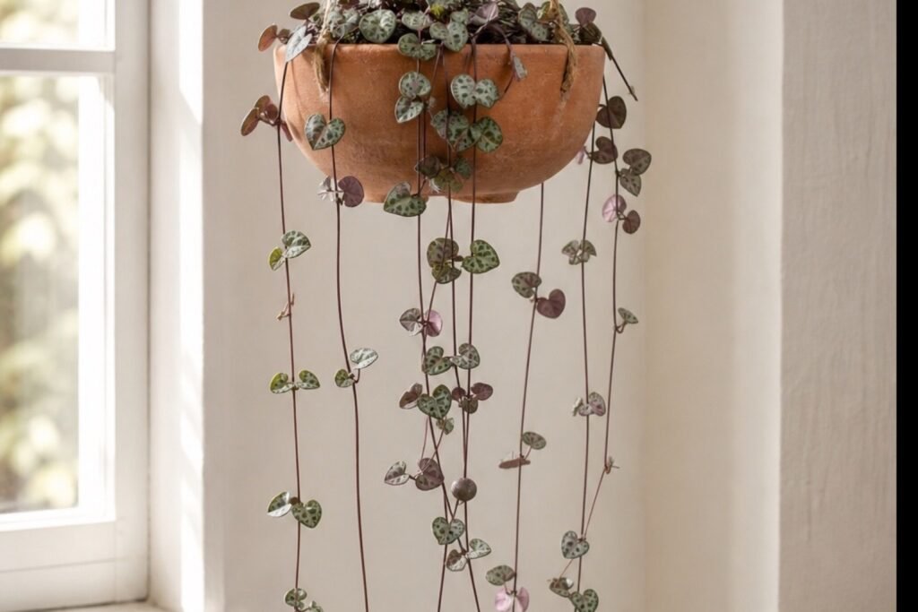 String of hearts care profile showing full Ceropegia woodii vines and silver leaves