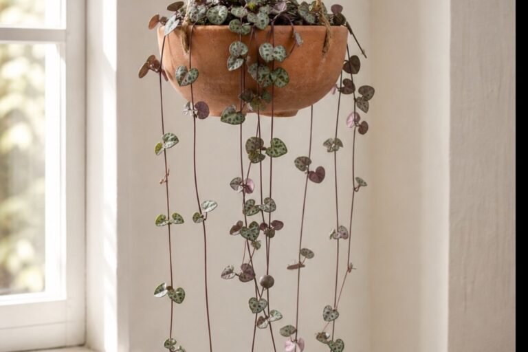 String of hearts care profile showing full Ceropegia woodii vines and silver leaves
