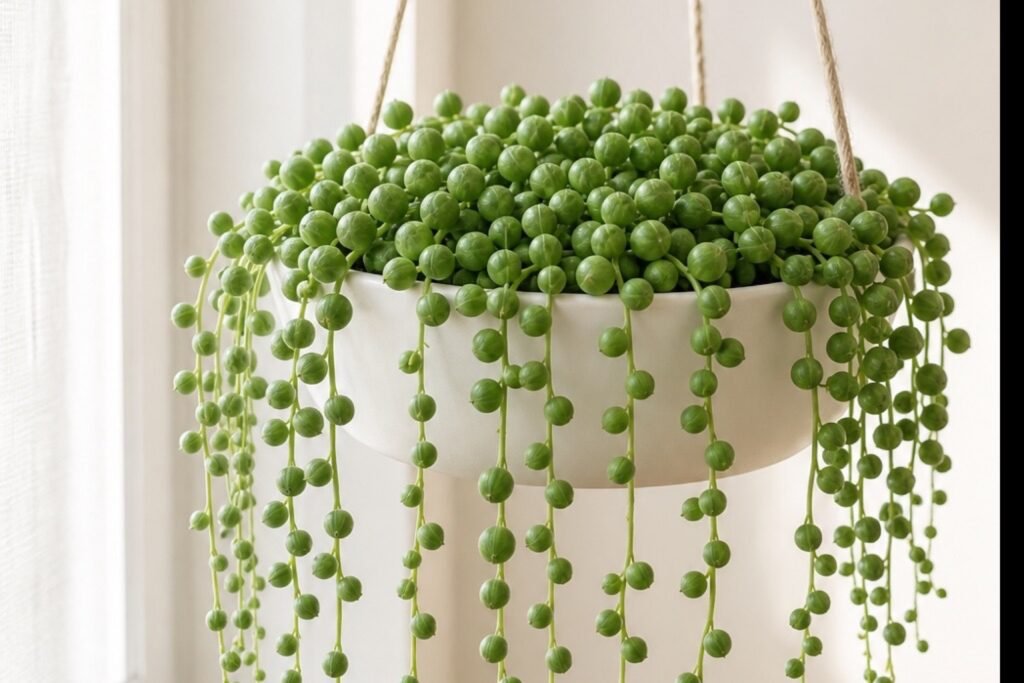String of pearls care profile showing a full Curio rowleyanus crown and firm green pearls