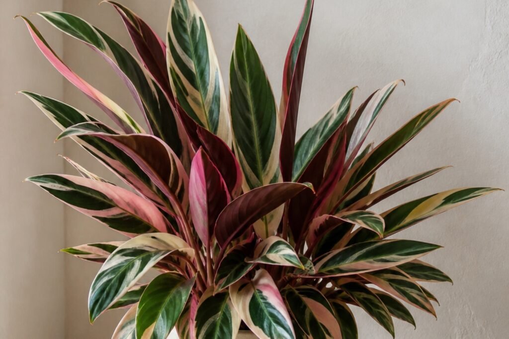 Stromanthe Triostar care profile showing pink, cream, green, and burgundy leaves