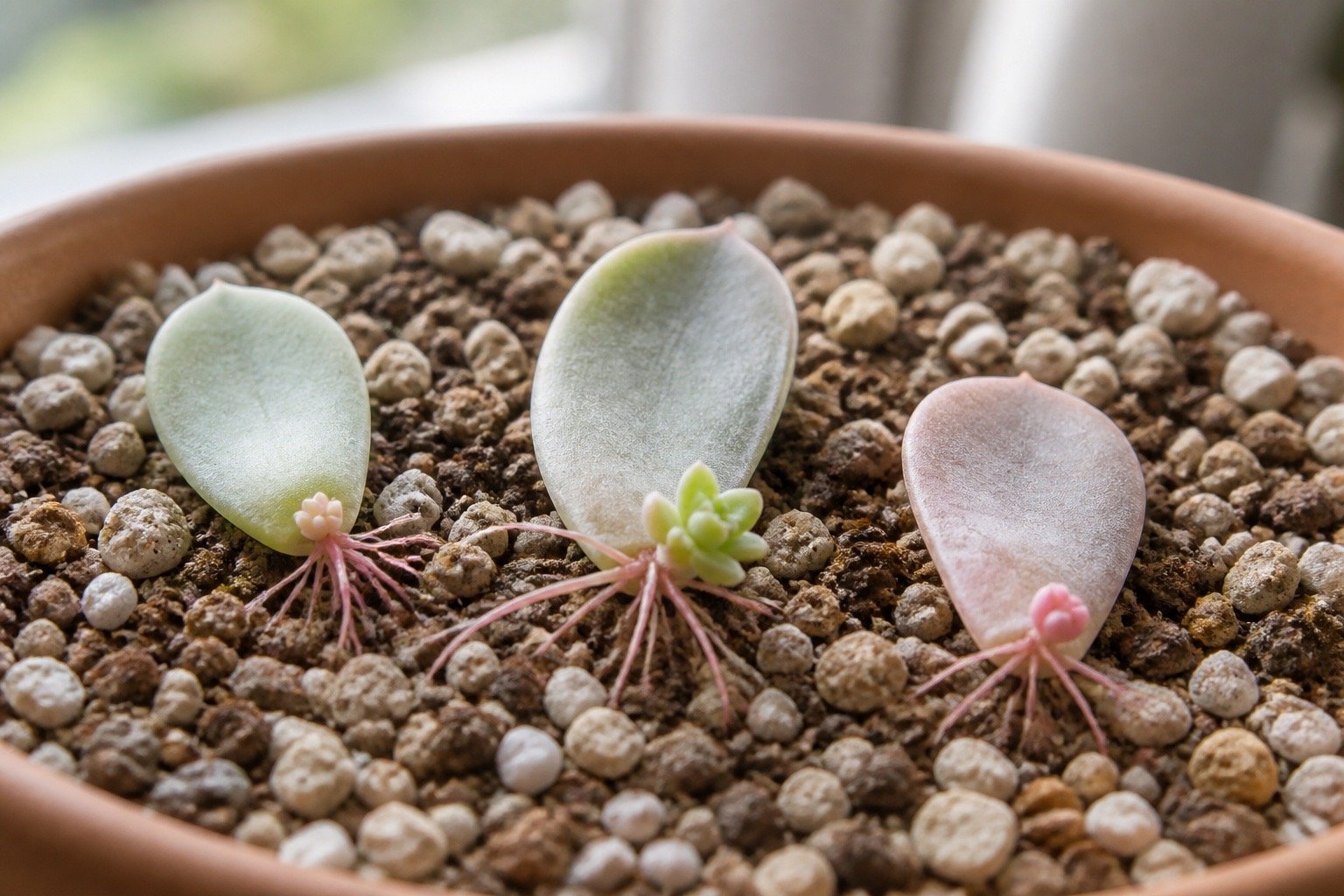 Succulent leaf propagation with fine roots and a small plantlet on gritty mix
