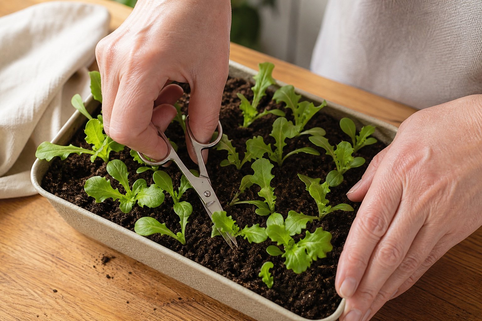 Hands thinning crowded lettuce seedlings with small clean scissors