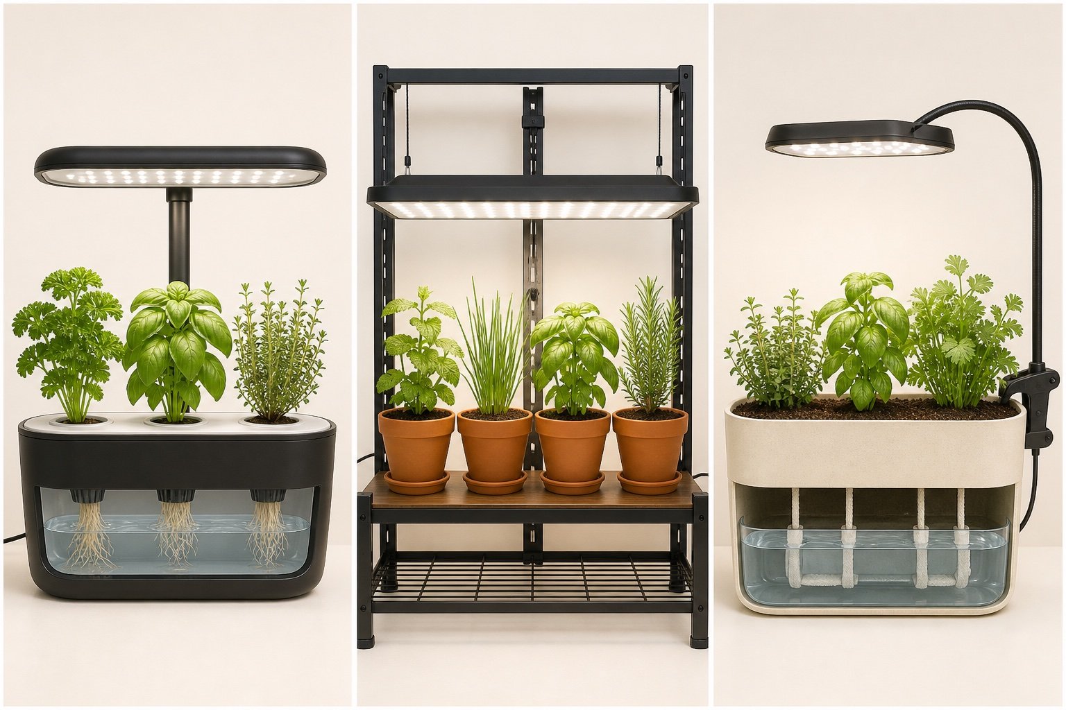 Three indoor herb setups using hydroponics, soil pots, and a self-watering planter under grow lights