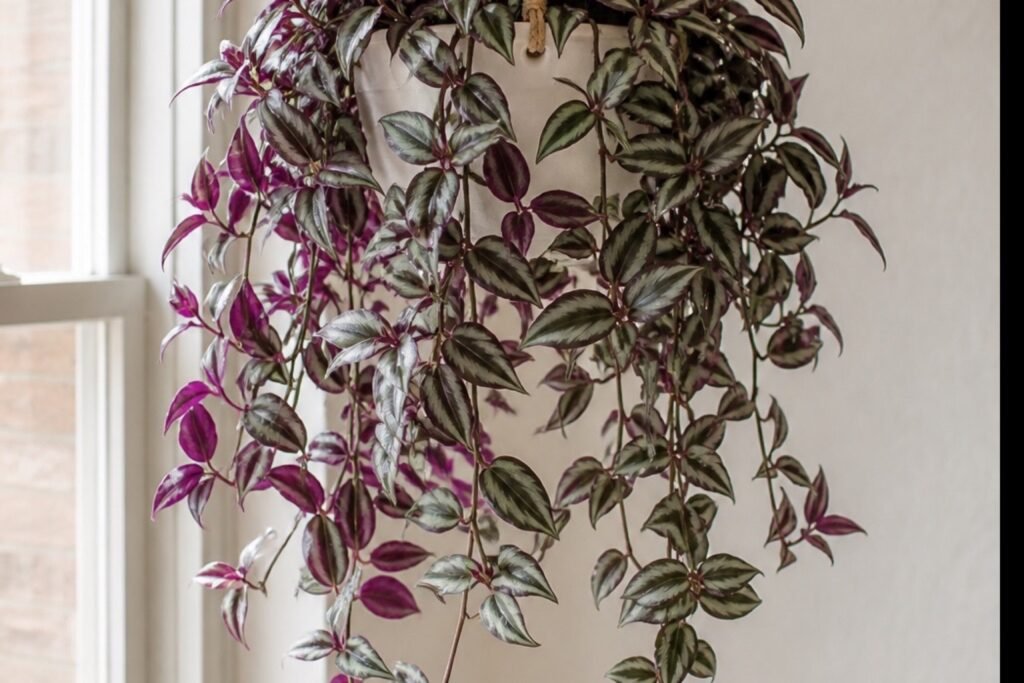 Tradescantia zebrina care profile showing compact silver and purple trailing growth