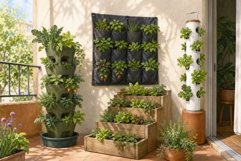 Illustration of four garden tower alternatives on a small patio