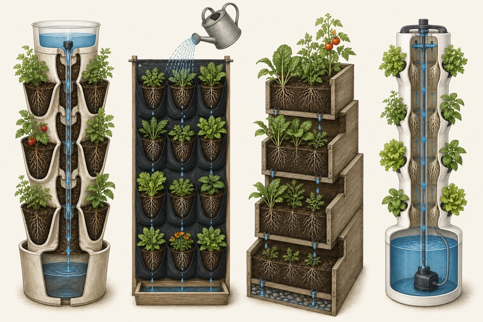 Diagram comparing roots and water flow in four vertical garden systems