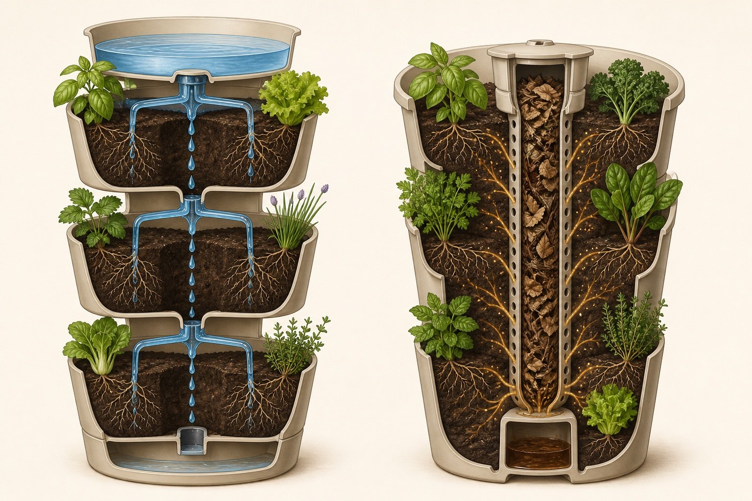 Cutaway comparing a top-watered modular planter with a compost-core tower