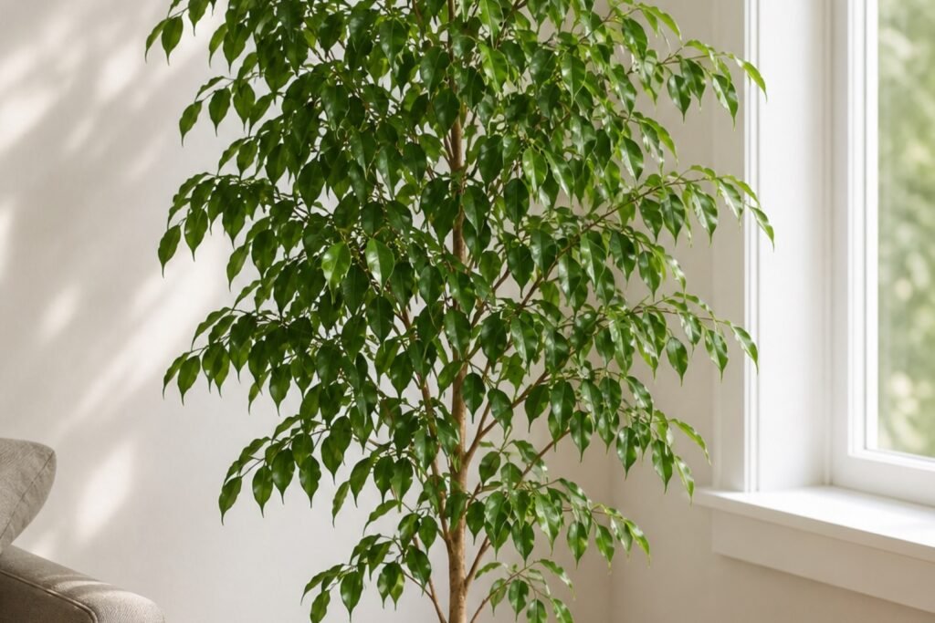 Weeping fig care indoors profile showing a stable Ficus benjamina canopy in filtered light