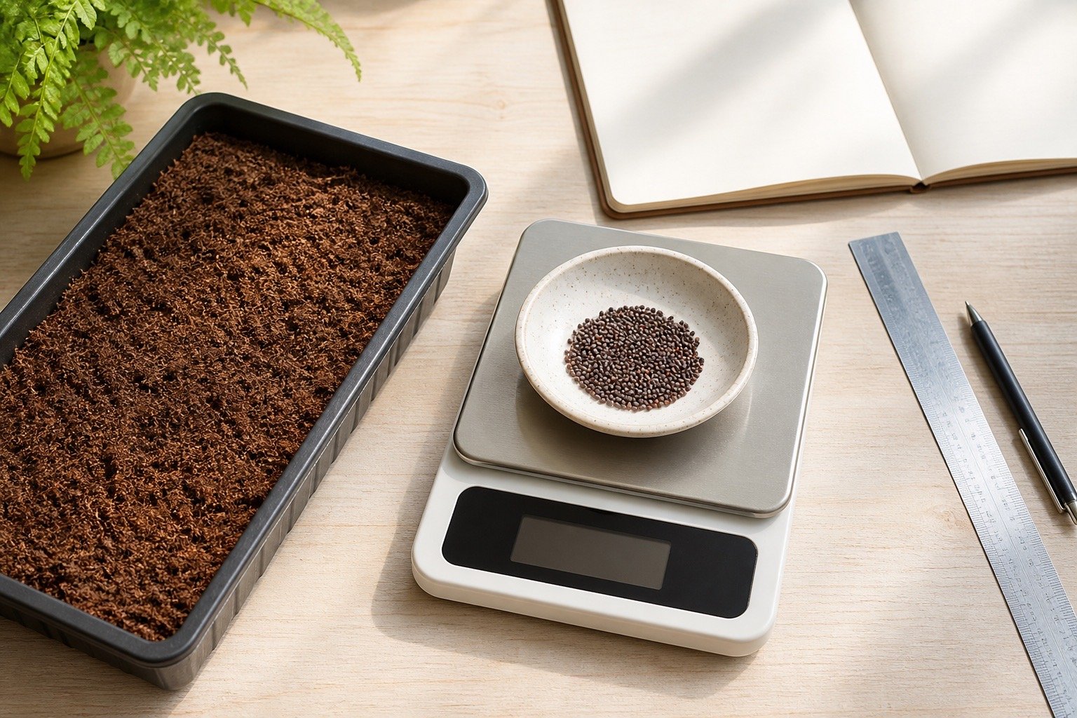 Microgreens seed density chart calibration begins by weighing a seed lot for the actual tray area