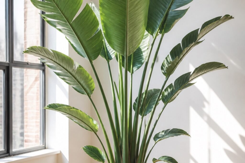 White bird of paradise care indoors profile showing broad Strelitzia nicolai leaves in strong light