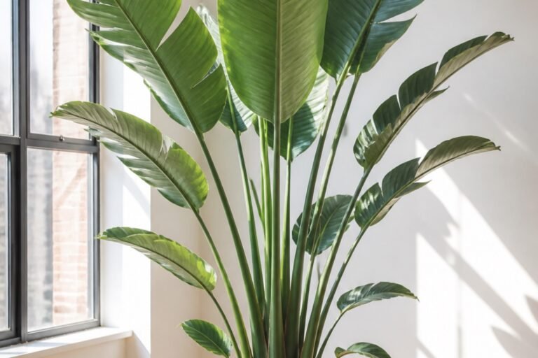 White bird of paradise care indoors profile showing broad Strelitzia nicolai leaves in strong light